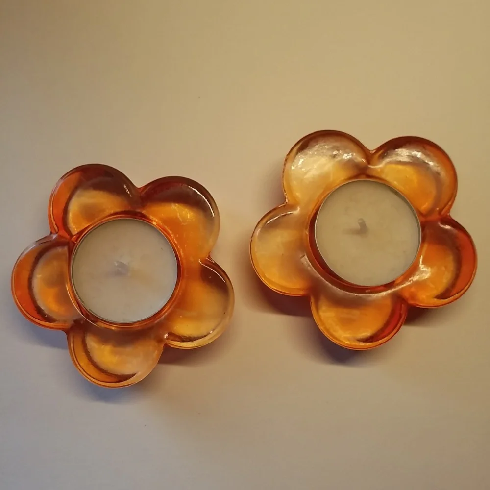 3/$25 Orange Flower Tealight Holders Glass